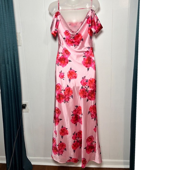Petal + Pup Esther Pink Floral Satin Midi Dress Off Shoulder Romantic Feminine - Picture 3 of 8